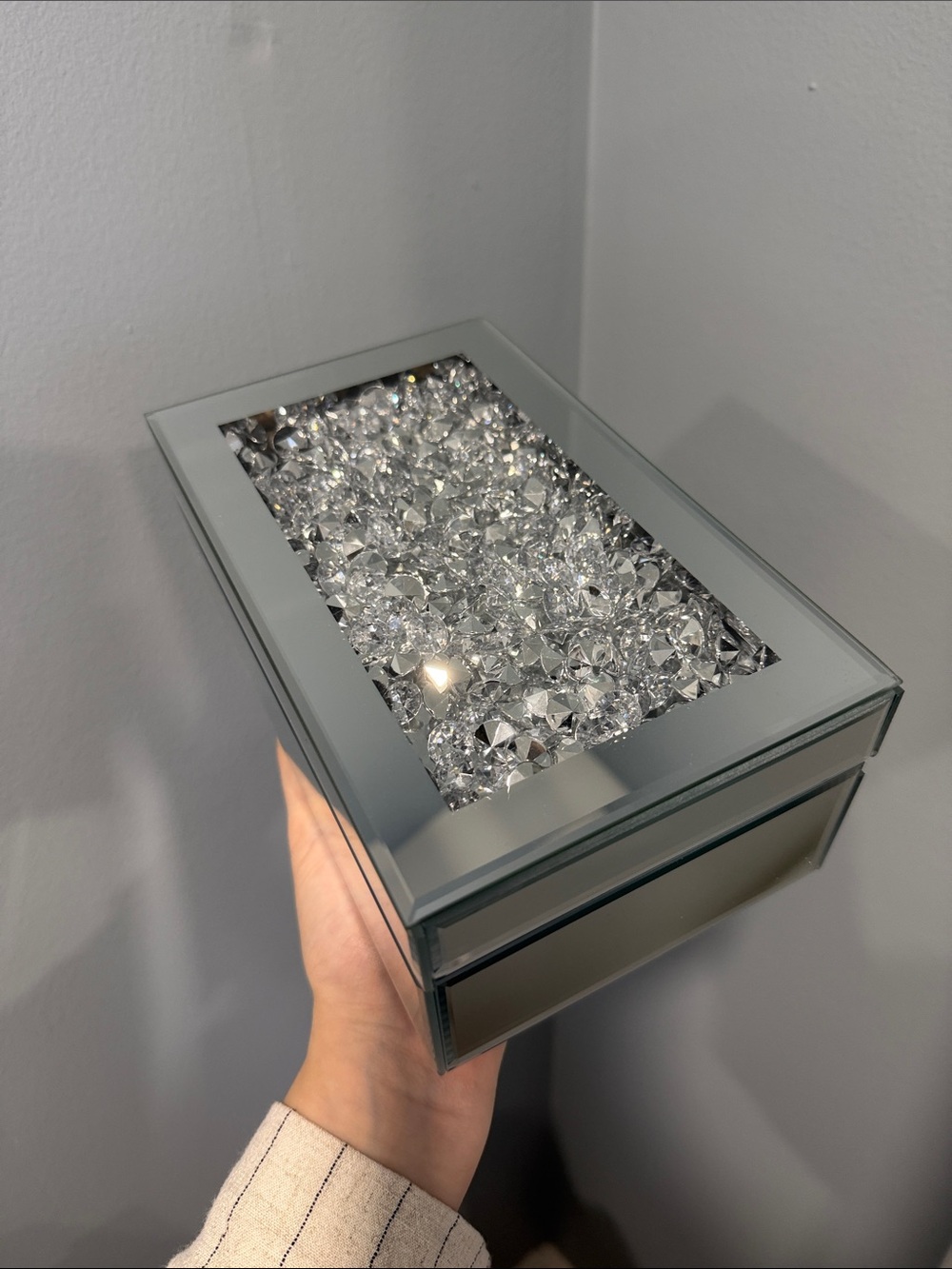 Mirrored Glass Decorative Jewelry Box with Silver Crystal Top